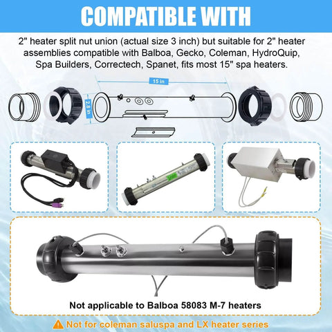Fuoequl 2-inch hot tub split-nut unions; black plastic with metal rings, two-piece for Balboa/Gecko heater assemblies.