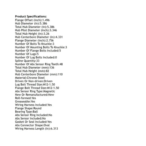 Product specifications for front wheel hub bearing assembly, including dimensions and materials, compatible with 5-lug vehicles.