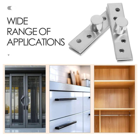 2 Pack Stainless Steel Hidden Pivot Hinges With 360 Degree Rotation shown with doors, cabinets, and shelves for versatile use