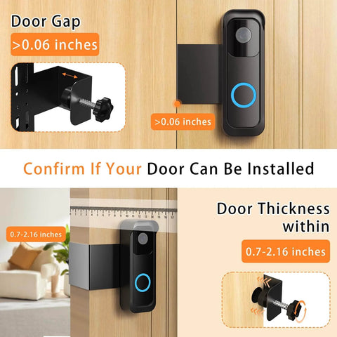 Anti Theft Doorbell Mount Bracket For Outdoor Cameras With Rain Cover, No Drill Install, Weatherproof, shown on wood door with measurements