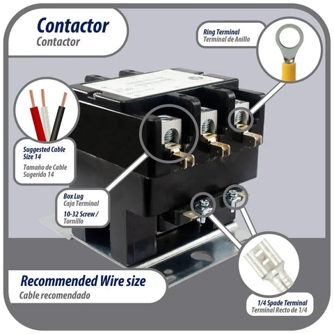 Close-up of Heavy Duty 3 Pole Contactor 75 Amp 240 Volt Coil Replacement for AC Compressors, electrical terminals and suggested wiring.