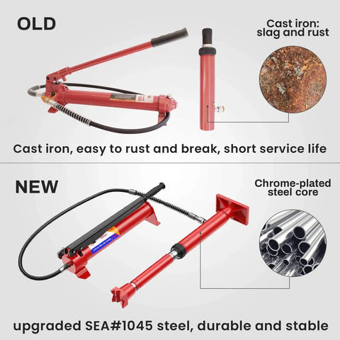 Comparison of old cast iron and new 10 Ton Porta Power Hydraulic Jack With Upgraded Multifunction For Car Body Repair.