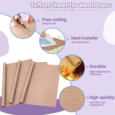 Teflon sheets for heat press with cutting, heat transfer, and durability features displayed, ideal for All In One Sublimation Shirts Tool Kit For Vinyl Alignment With Portable Ironing Pad And T Shirt Ruler Guides Must Have Teflon Sheets For Cricut Heat Press HTV Center Designs Plus Heat Resistant Gloves Tape Pencils And Mini Pruning Tool.