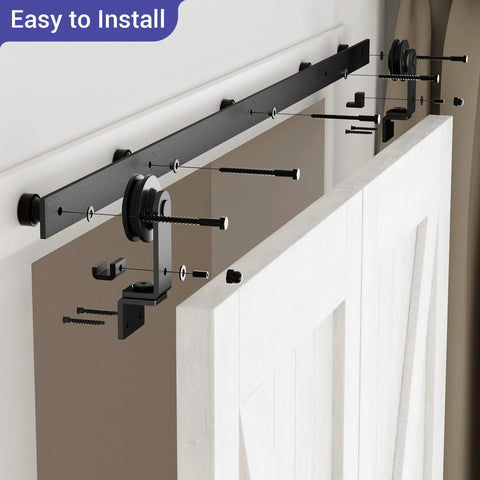 Heavy Duty 30 Inch Bi Folding Barn Door Hardware Kit For Two Doors Black Top Mount Track With Steel Rollers 330 Lb Capacity