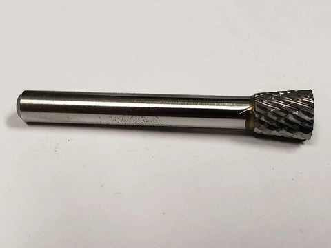 SN 2 Inverted Cone Carbide Burr With Double Cut For Metalworking, Three Eighths Inch Shank, solid tool on plain background.