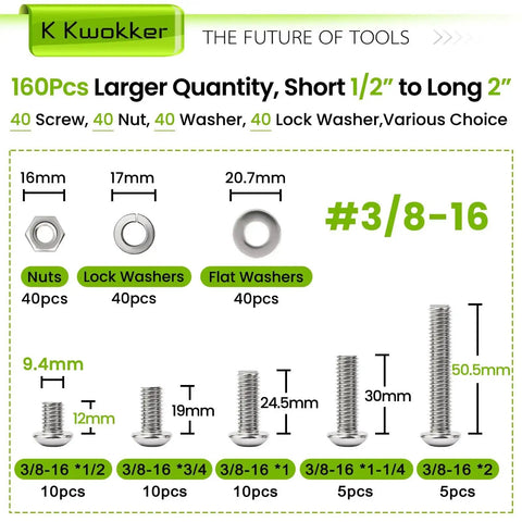 Pro Grade Stainless Steel 304 3/8-16 Bolt And Nut Set with washers full thread 160 pieces for furniture bike auto DIY projects diagram