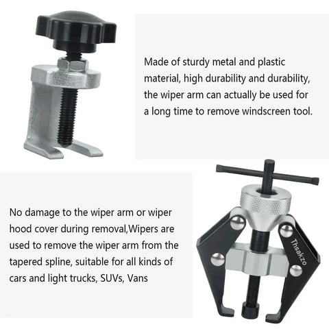 Beefed Up Dual Purpose Wiper Arm Puller Tool For Cars And Windshields, heavy-duty carbon steel, with text detailing durability.