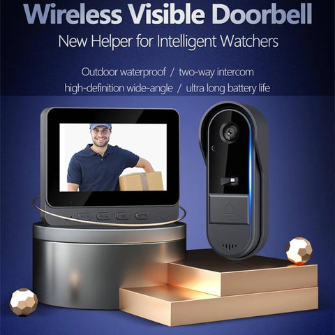 Waterproof Wireless Video Doorbell With 4.3 Inch HD Monitor, showing a delivery person on screen and the smart doorbell camera.