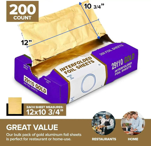 Heavy Duty Aluminum Foil Sheets 12 Inch Pop Up 200 Count Pre Cut For Restaurants And Home Kitchens package
