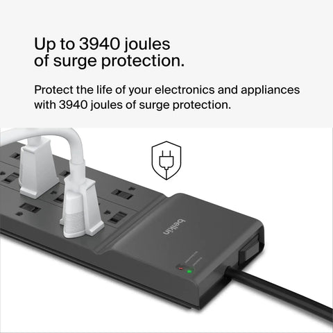Image of an 8 Outlet Surge Protector Power Strip With 6 Foot Flat Plug Heavy Duty Extension Cord Overload Protection 3550 Joules.