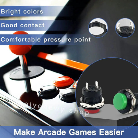 24Pcs 16Mm Momentary Push Button Switches 2 Pin Self Resetting Round On Off Assorted Red Green Yellow Blue White Black 3A 250V AC Mini Button Switch Kit shown on arcade panel with close-up of green switch.