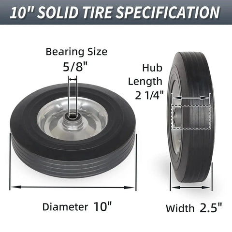 Diagram of 10 Inch By 2.5 Inch Flat Free Solid Rubber Tire With 5/8 Inch Axle Bore Hole And 2 1/4 Inch Hub Replacement Wheel