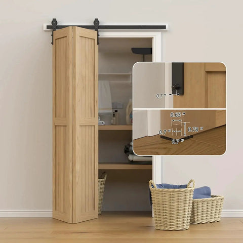 24 Inch Bi Folding Barn Door Hardware Kit For Two Doors Side Mounted Heavy Duty Track Roller Kit With Nylon Rollers in use.