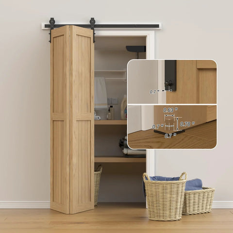 Beefy 3.5 Ft Bi Folding Sliding Barn Door Hardware Kit For Two Doors, Heavy Duty Roller Track System, installed on closet