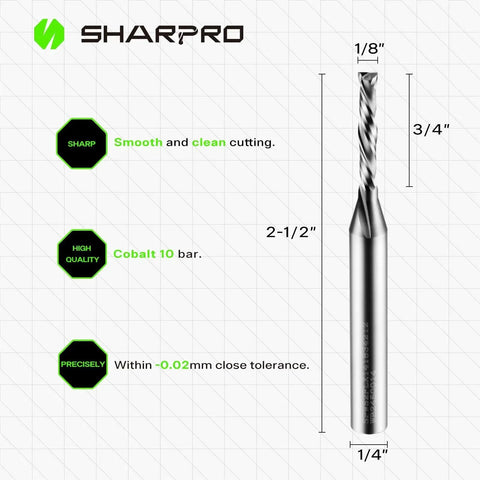 Beefy Extra Long Compression CNC Router Bit For Wood Cutting And Engraving With One Quarter Inch Shank And One Eighth Inch Cutting Diameter