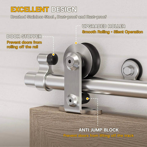 66 Inch Top Mount Sliding Barn Door Hardware Kit in stainless steel, showing installed door stopper, roller, and anti-jump block.