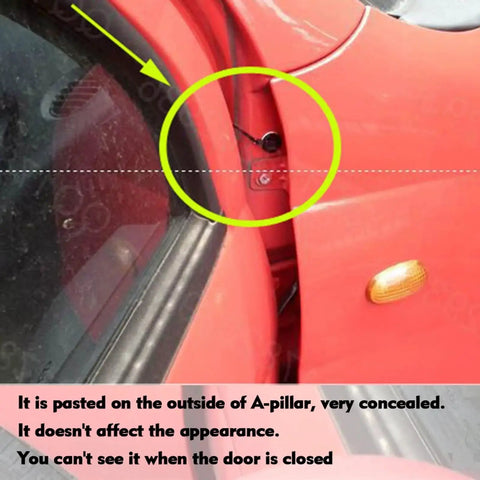 Close-up view of Car Digital Thermometer Clock With Dual Temperature Gauge And LED Backlight installed on car door hinge.