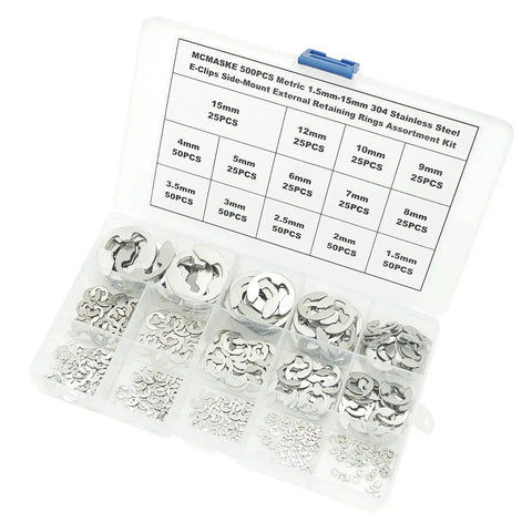 500 Piece Metric E Clips Kit In 304 Stainless Steel With 14 Sizes From 1.5mm To 15mm in a plastic box