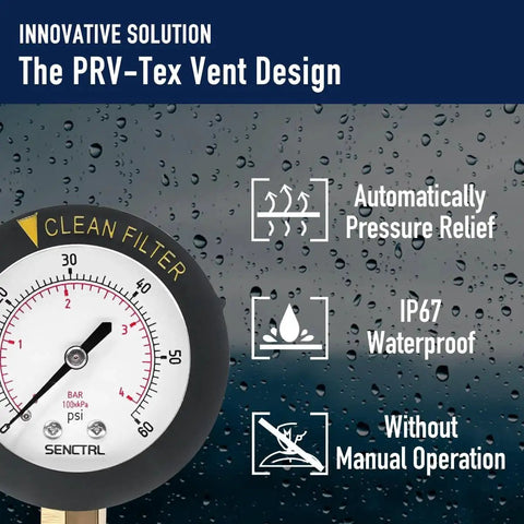 Heavy Duty 0 To 60 Psi Pool Filter Pressure Gauge With 2 Inch Dial And One Quarter Inch NPT Lower Mount Stainless Steel Case IP67 Waterproof Clean Filter Indicator For Swimming Pool Spa Aquarium Water Pump And Pressure Test SENCTRL, featuring PRV-Tex vent design, automatic pressure relief, and IP67 waterproof capability.