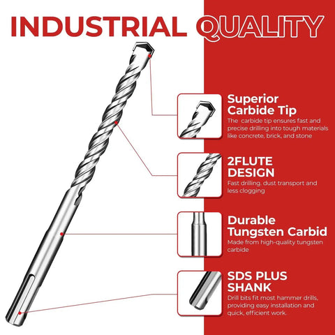 SDS Plus Rotary Hammer Drill Bit Set For Concrete And Masonry, Ten Piece, Three Sixteenths Inch Diameter By Six Inch Length Bits With Durable Alloy Tips For Brick Cement Stone And Fast Drilling