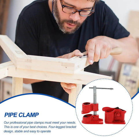 Lightweight Half Inch Red Pipe Clamp For Woodworking, Quick Release Workholding Clamp For Pex And PVC Pipes, Adjustable C Shaped G Clamp, Rustproof Durable Tool For Safe Secure Glue Ups in use during woodworking.