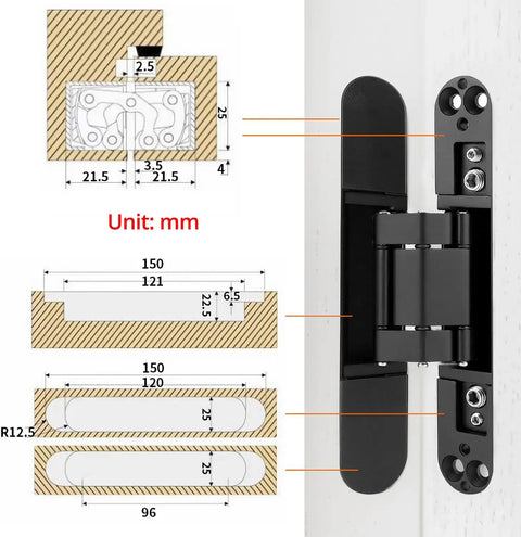 Sleek Hidden 6 Inch Adjustable Door Hinges 4 Pack Zinc Alloy With 180 Degree Swing, shown with installation measurements.