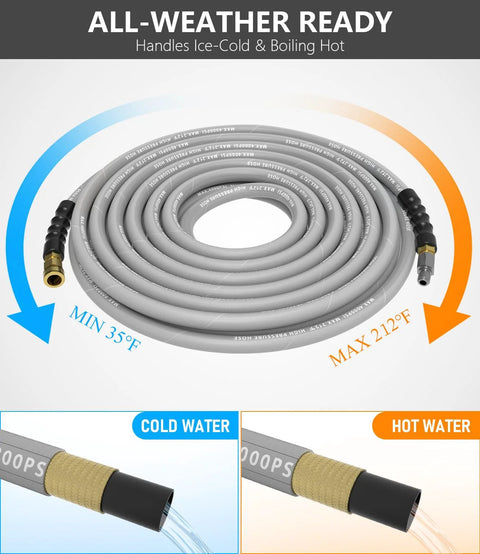 NAVOHEVEN pressure washer hose, 50 ft, 4000 PSI, steel braided with non-marking gray rubber, 3/8 in quick connect & M22