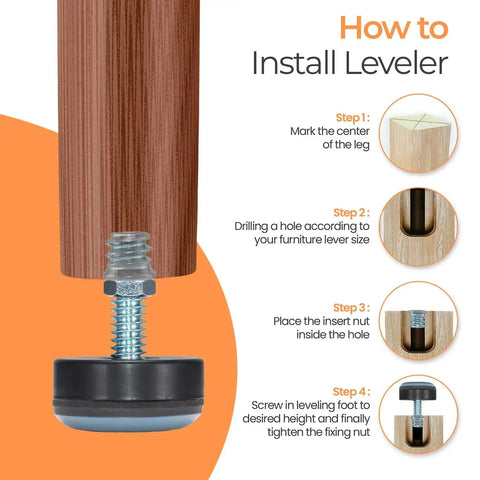 Installation guide for 1/4-20 UNC Leveling Feet With PTFE Teflon Bottom showing step-by-step instructions for attaching to furniture legs.