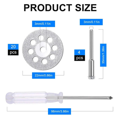 Product size display of Pro Grade Heavy Duty 20 Pack Diamond Cutting Discs Kit For Dremel Rotary Tools, 22mm wheels, screwdriver included