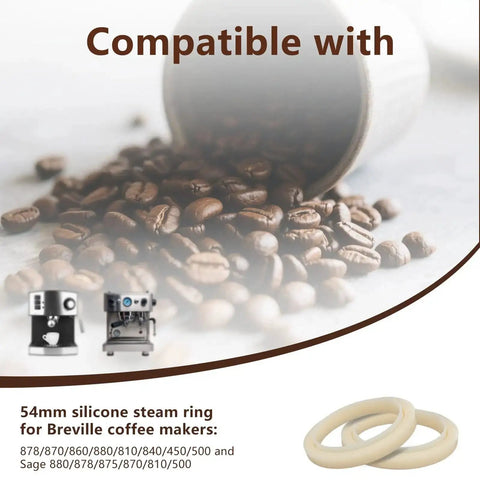 Image showing Two 54mm Silicone Steam Rings Replacement Gasket For 54mm Group Head Espresso Machines Easy Install Durable Food Grade Seals BPA Free Reusable No Mess next to coffee beans and compatible espresso machines.