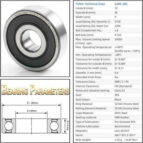 ABEC 5 6200RS Ball Bearings 10x30x9 Mm Pre Lubricated With Dual Rubber Seals And Chrome Steel Construction for Yard Wind Spinners