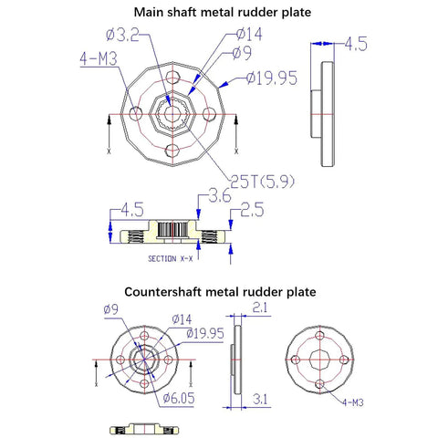 Technical drawing of main shaft and countershaft metal rudder plates with dimensions for robotic projects.