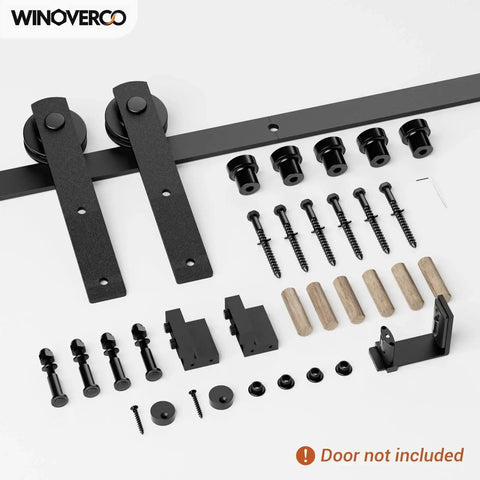 79.2 Inch Sliding Barn Door Hardware Kit With Adjustable U Shape Floor Guide, Wall Mount Rail, And Splicing Track Kit components.