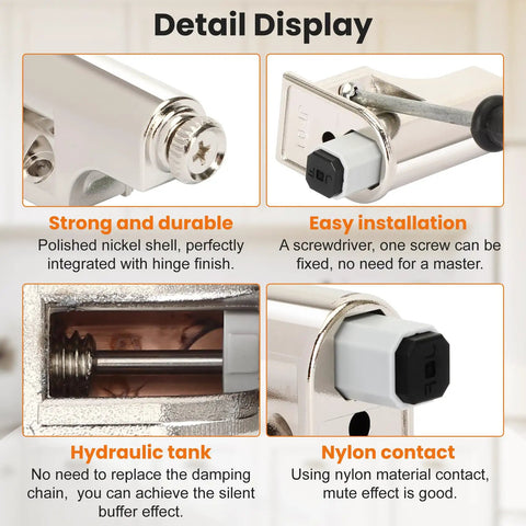 5 Pcs Soft Close Damper For Cabinet Doors And Wardrobe Doors detail display showing hydraulic buffer and nylon contact
