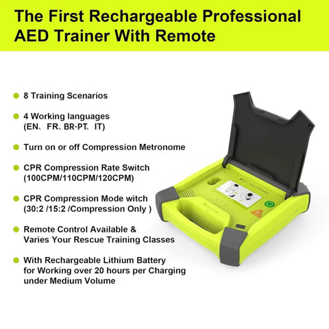 Rechargeable AED Trainer With Remote Control for CPR practice, highlighting features and functions on open lid, Model XFT 120GA