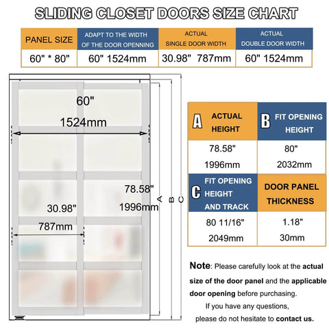 Double Sliding Closet Door Set 120 Inches Wide By 80 Inches High With 5 Lite Frosted Glass Panels, Includes Hardware Track Kit And Floor Guide, Pre Drilled Door Panels Ready To Assemble, White MDF Space Saving Modern Bedroom Closet System size chart showing dimensions and door specifications.