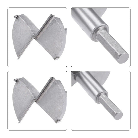 Close-up of Forstner Drill Bit Set 75mm And 85mm with Hex Shank 10mm Tungsten Carbide Cutter and Hardened Steel Body for Wood