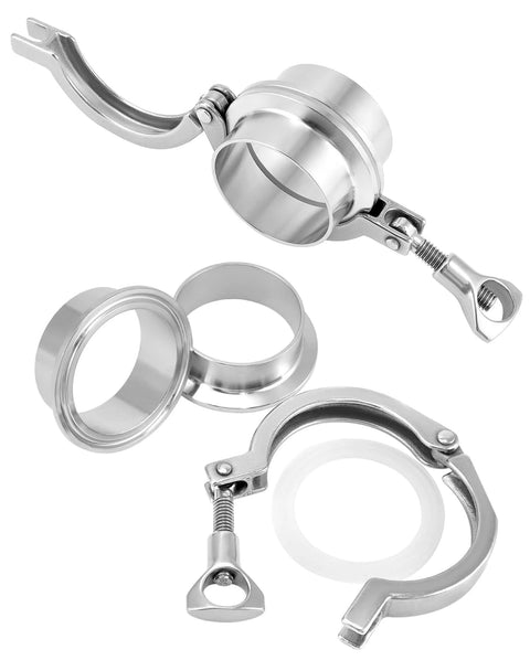 QWORK clamp fitting set, 304 stainless steel sanitary 2 in pipe weld ferrule and chuck end assembly; two sets