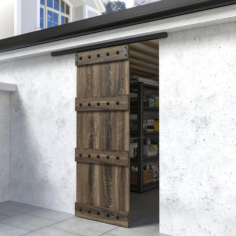 60 Inch Box Rail Sliding Barn Door Hardware Kit With Ceiling Mount Heavy Duty Aluminum Track In Black installed outdoors
