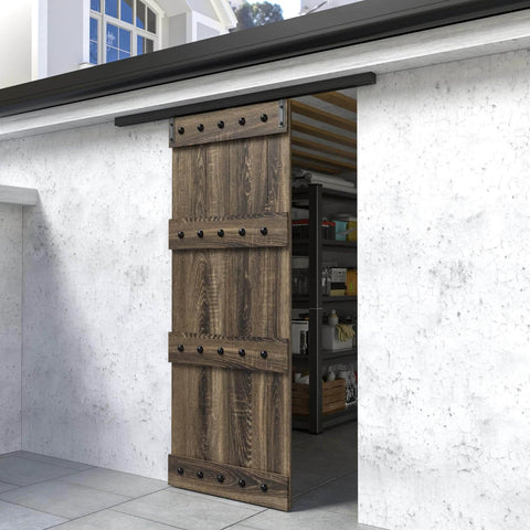 72 Inch Box Rail Sliding Barn Door Hardware Kit With Ceiling Mount Built Tough Black For Exterior And Interior Use No Door Included Fits Up To 32 Inch Opening And 36 Inch Door Panel Aluminum Alloy Track, installed with wooden barn door