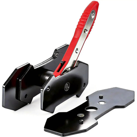 Brake caliper compression tool by Mumicol; red handle, black body, includes two steel plates
