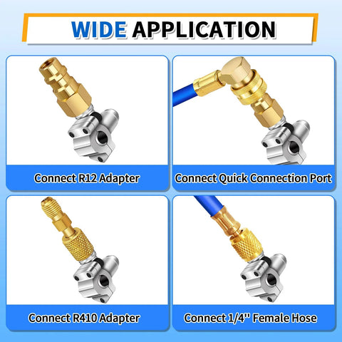 Boltigen piercing valve kit with brass adapters and silver valve; four connectors shown: R12 adapter, quick connection port, R410 adapter, 1/4 in hose.