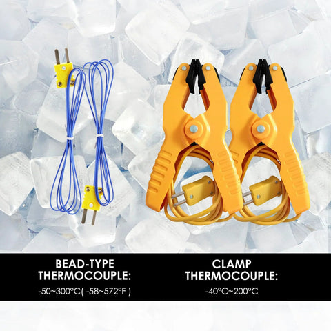 Amazon JuviPerpric K-type thermocouple thermometer kit with two blue bead probes and two orange clamp probes