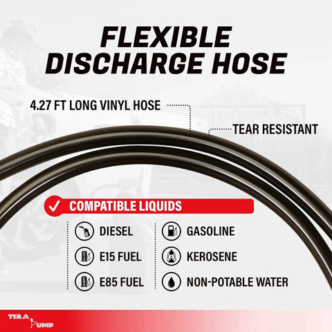 Flexible discharge hose for Universal Gas Can Adapter Cap Battery Powered Fuel Transfer Pump 2.3 GPM, 4.27 ft long vinyl