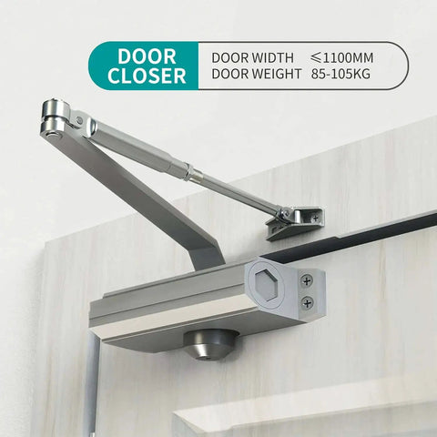 Heavy Duty Automatic Door Closer With Spring Hydraulic Action, Aluminum Alloy Body, Surface Mounted, Fire Resistant And ANSI UL Certified, Residential And Commercial Grade, Adjustable Speed, Silver Finish