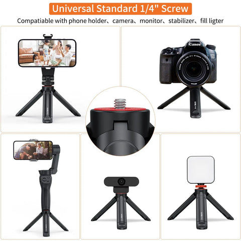 Extendable Mini Camera Tripod With 1/4 Inch Screw for DSLR Lenses and Smartphones, showing multiple uses including desk setups and vlogging.