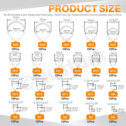 Diagram showing sizes of 304 Stainless Steel E Clip And C Clip Retaining Rings Kit With Tweezers, 303 Pcs Assortment, M1.5 to M28.
