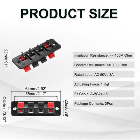 Image showing 4 Way Spring Terminal Clip Push Release Connector Plate Jack Socket For Your Speaker Rig, red/black coding, 64mm x 20mm x 23mm.