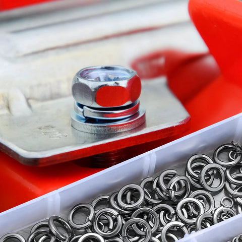 Stainless steel split lock washer with nut on metal plate; container of assorted washers in foreground.