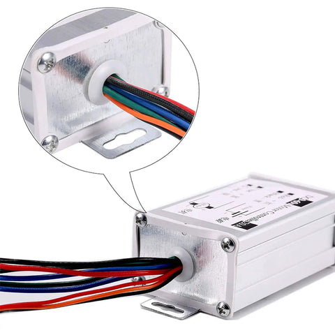 Beefy 1200W PWM DC Motor Speed Controller showing wiring connections, suitable for brush motors 9V to 60V, 20A regulator with dimmer and switch.